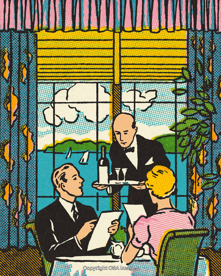 Elegant Retro Dining Scene Featuring a Waiter and Couple in a Scenic Restaurant