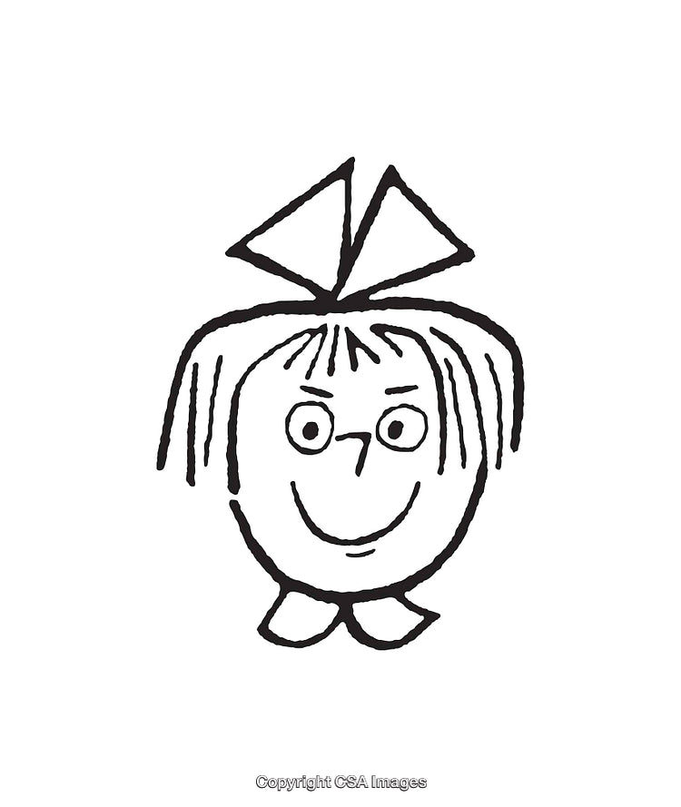 Whimsical Black and White Line Art Drawing of a Cheerful Girl
