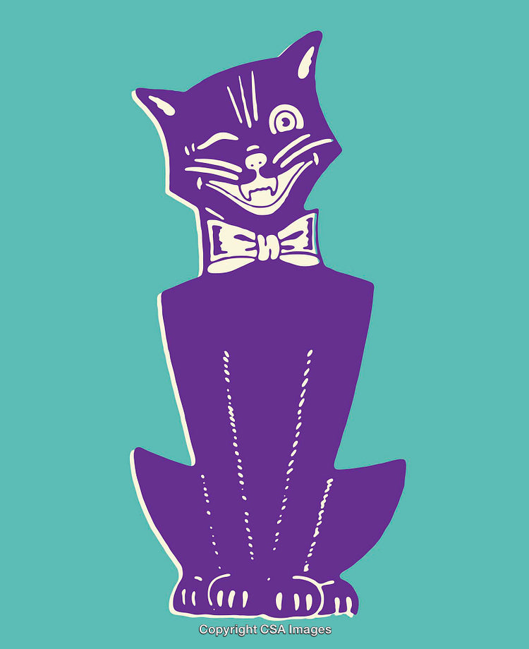 Stylized Purple Cat Illustration With Playful Expression on Teal Background