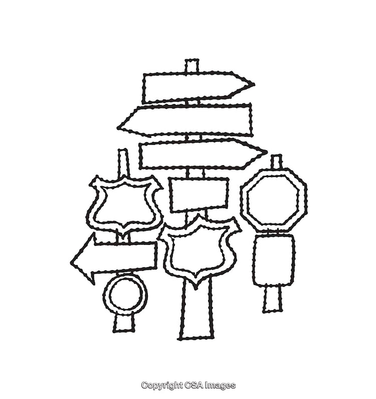 Black and White Line Art of Various Road Signs and Symbols