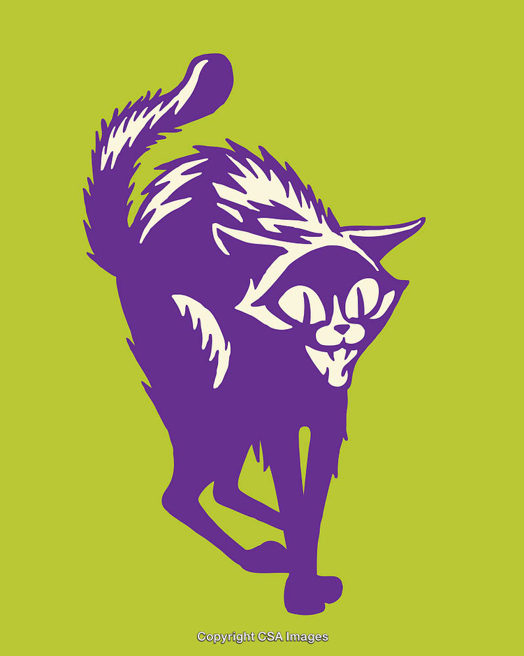 Stylized Illustration of a Playful Purple Cat on a Green Background