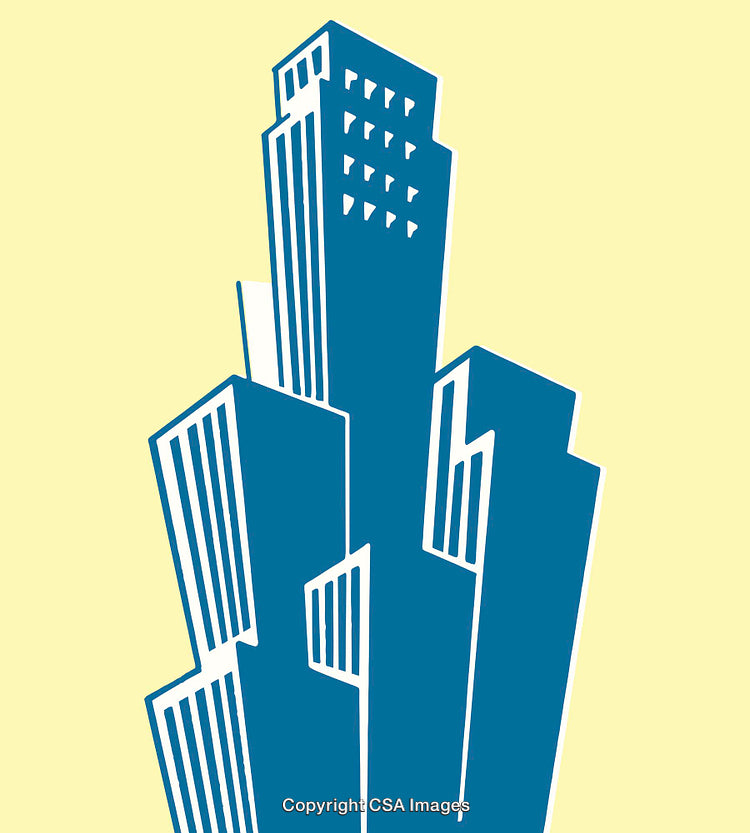 Abstract Line Art Depiction of Modern Urban Skyscrapers on Yellow Background