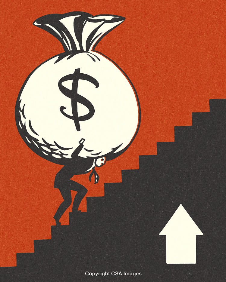 Person Carrying Large Money Bag Up a Staircase on Orange Background