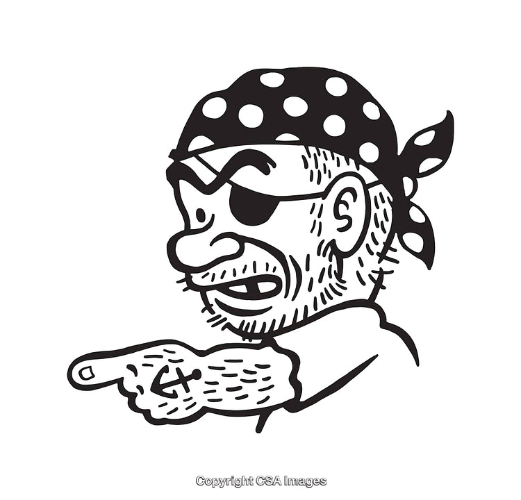 Black and White Line Art of a Pirate Character with Eye Patch and Tattoo