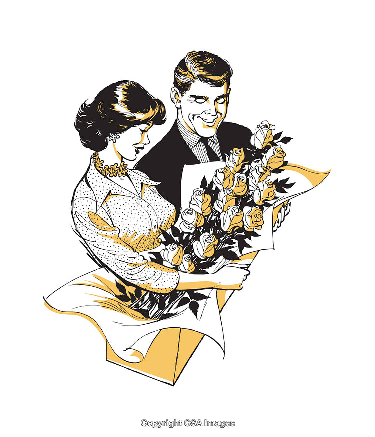 Vintage Illustration of a Couple Admiring a Bouquet of Flowers