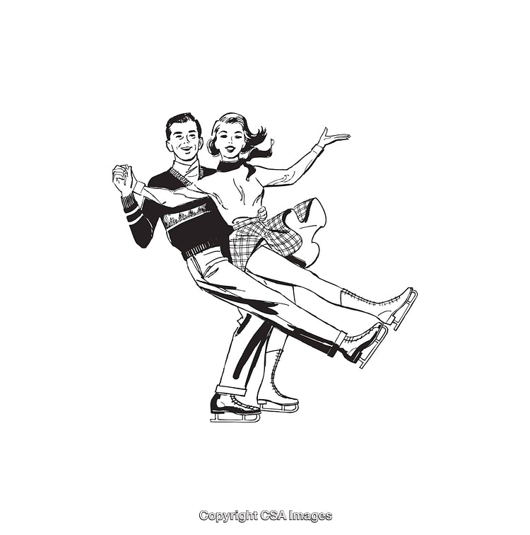 Vintage Illustration of Ice Skaters Performing a Joyful Dance Routine