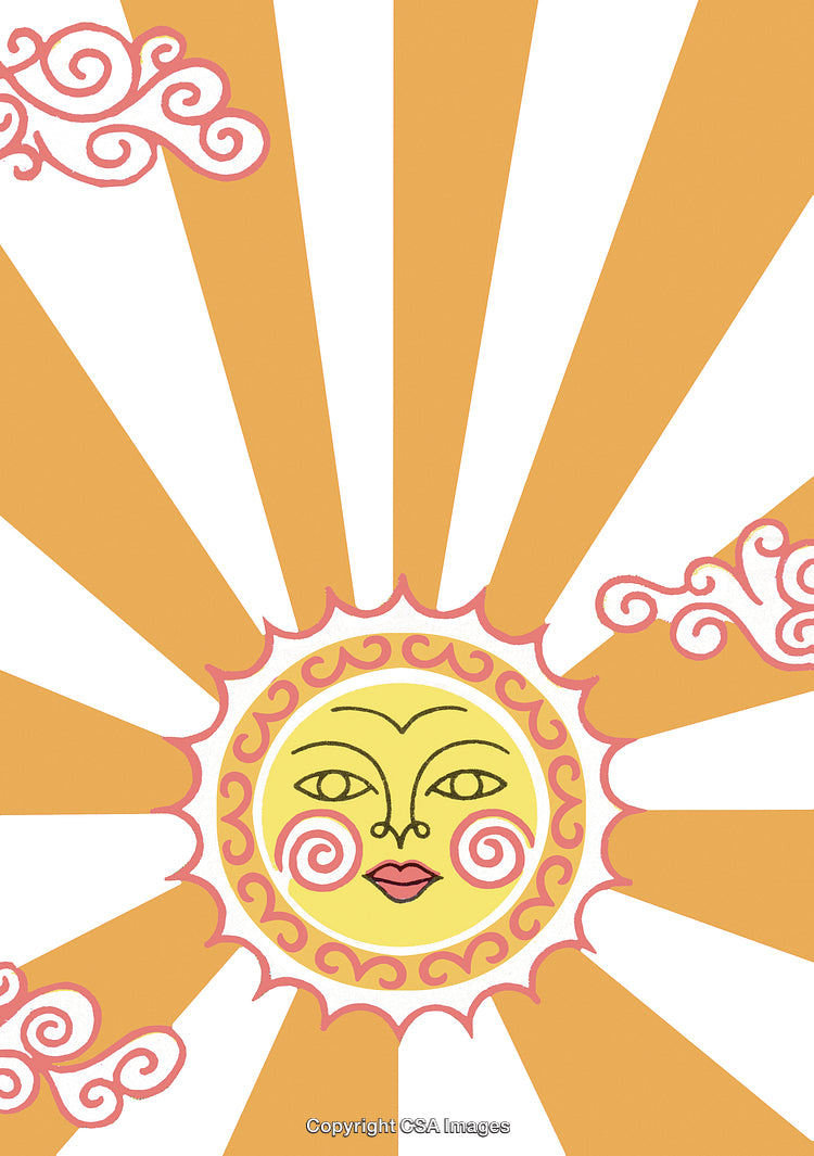 Artistic Yellow Sun with Radiating Beams and Whimsical Cloud Designs