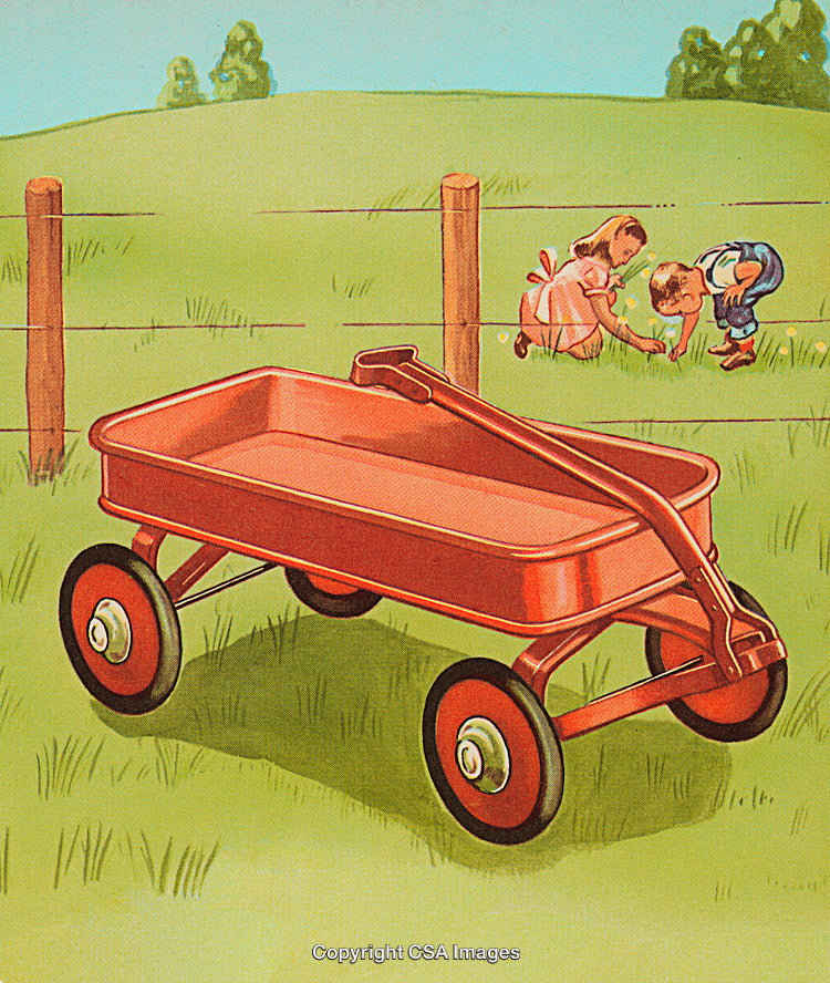 Vintage Illustration of Children with Red Wagon in Sunny Countryfield