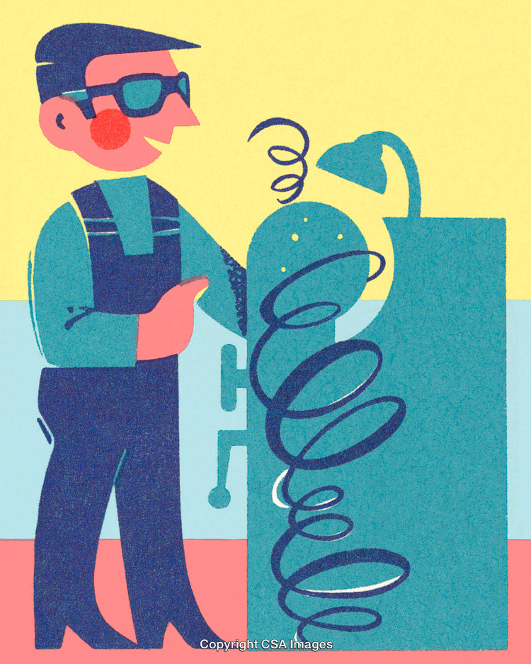 Colorful Cartoon Illustrator Showing a Character Interacting With a Winding Mechanism