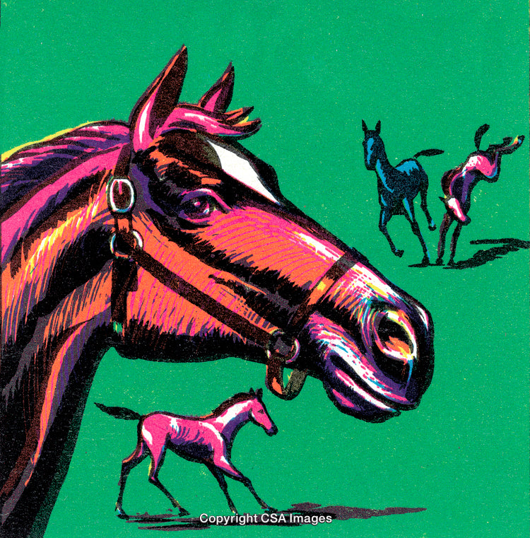 Colorful Artistic Depiction of Horses on a Bold Green Background