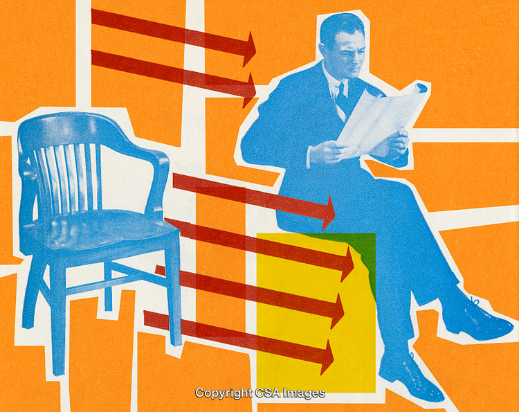 Vintage Collage of Man Reading Newspaper with Chair and Arrows in Retro Style