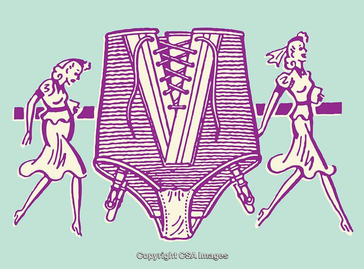 Vintage Line Art Illustration of Corset and Fashion Figures