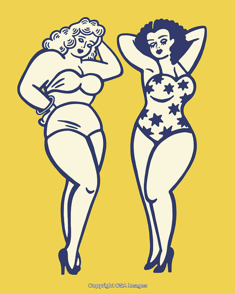 Curvy Female Figures in Vintage-Inspired Swimsuit Illustrations