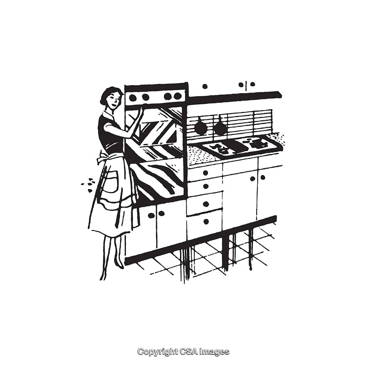Retro Black and White Illustration of a Kitchen with Woman in Apron