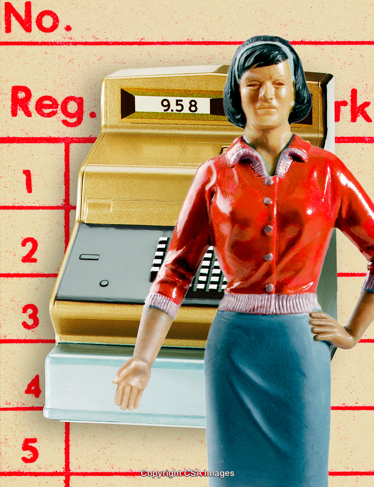 Vintage Plastic Figurine of a Clerk with Retro Cash Register Display