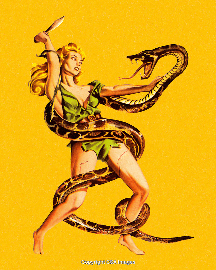 Dramatic Fight Between Woman And Snake on Bold Yellow Background