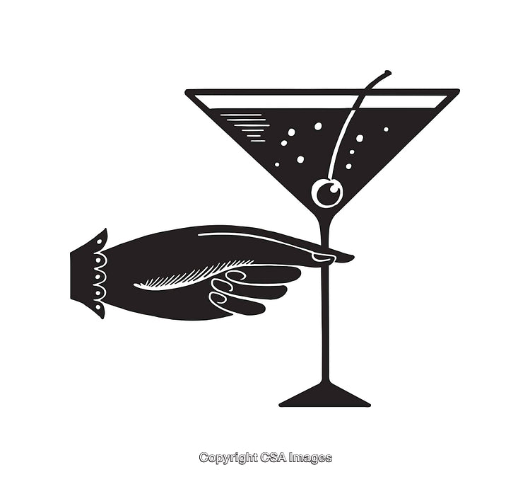 Elegant Black and White Illustration of a Martini Glass with a Hand