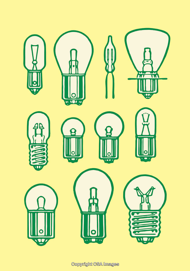 Collection of Green Line Art Illustrations of Various Light Bulb Types