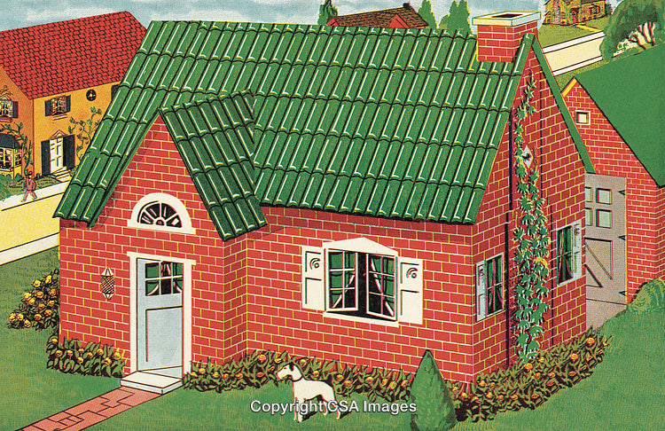 Charming Retro-Style Brick House with Green Roof and Cozy Neighborhood Setting