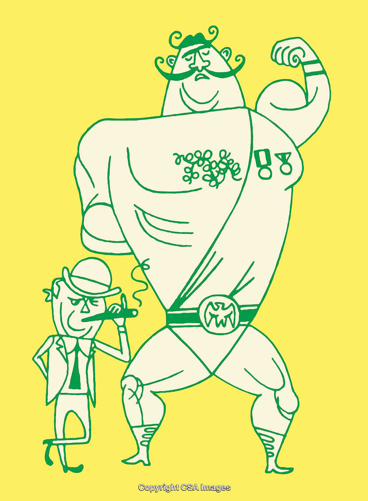 Humorous Line Art of Strongman and Gentleman on Yellow Background