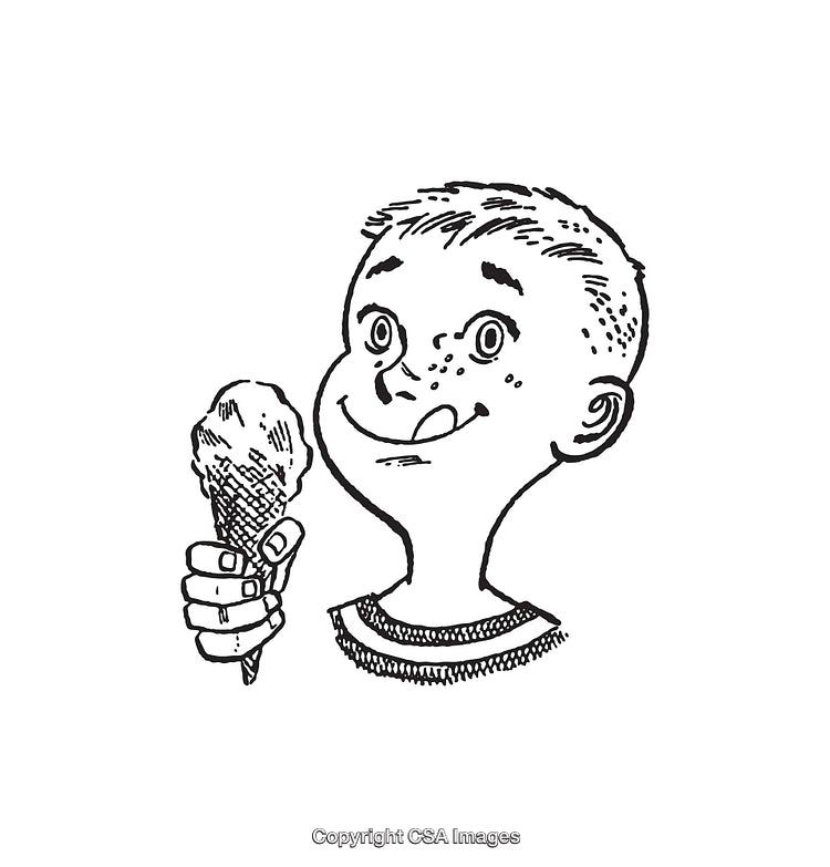 Cheerful Boy Holding Ice Cream in Black and White Line Art Illustration