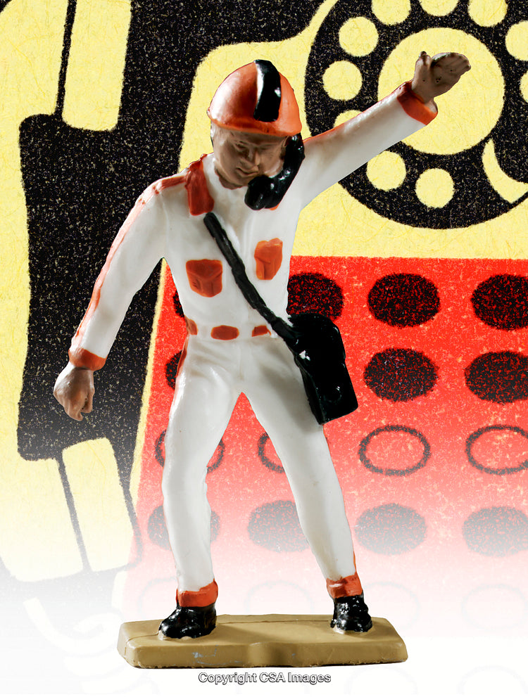 Colorful Plastic Figure Posed Against Vibrant Retro Art Design