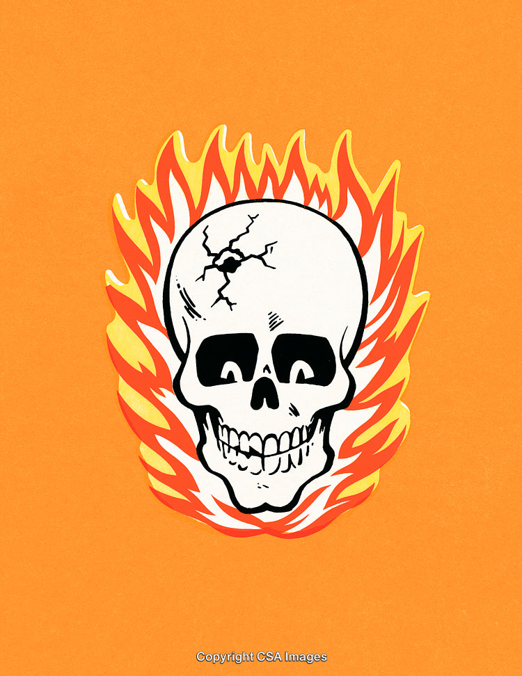 Flaming Skull Illustration on Bright Orange Background with Artistic Details