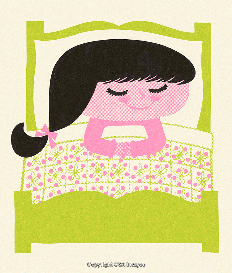 Cute Illustration of Sleeping Girl with Green Bed and Patterned Blanket
