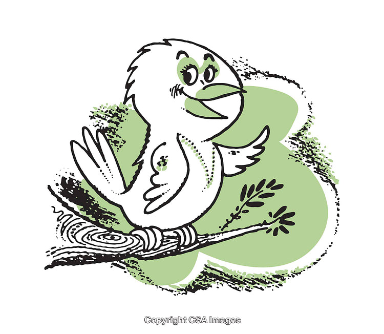 Cute Cartoon Bird Sitting on a Tree Branch with Green Backdrop