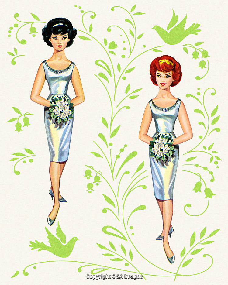 Elegant Bridesmaids Holding Bouquets with Floral Green Background and Decorative Birds