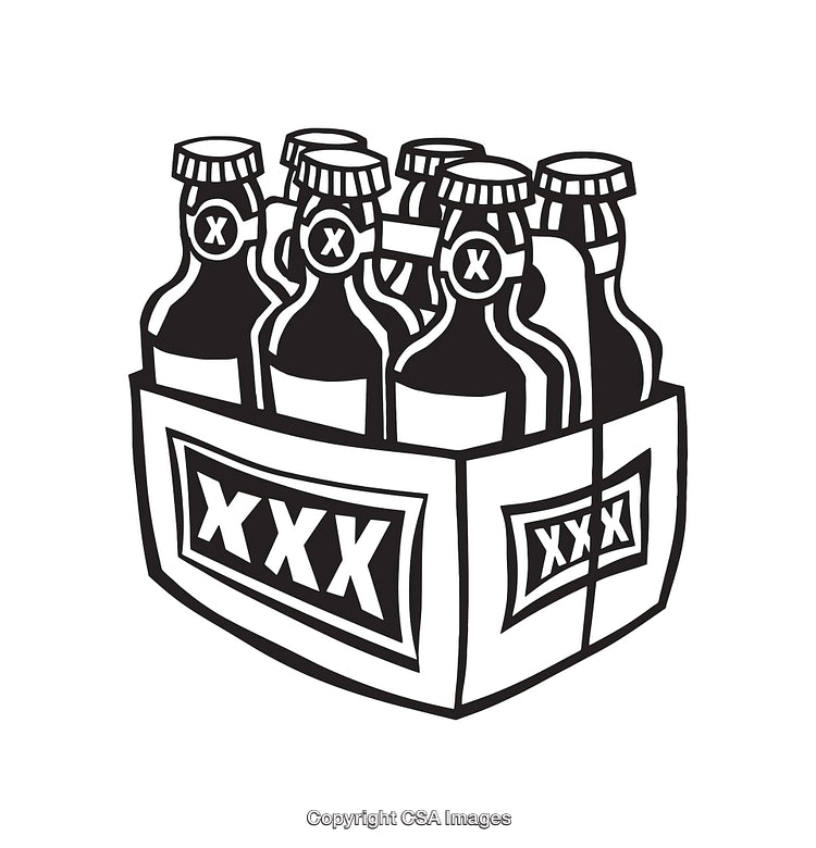 Black and White Line Art of a Box with Bottles Labeled XXX
