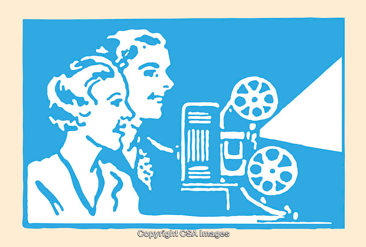 Vintage Blue Artwork of a Couple Watching Film Projection