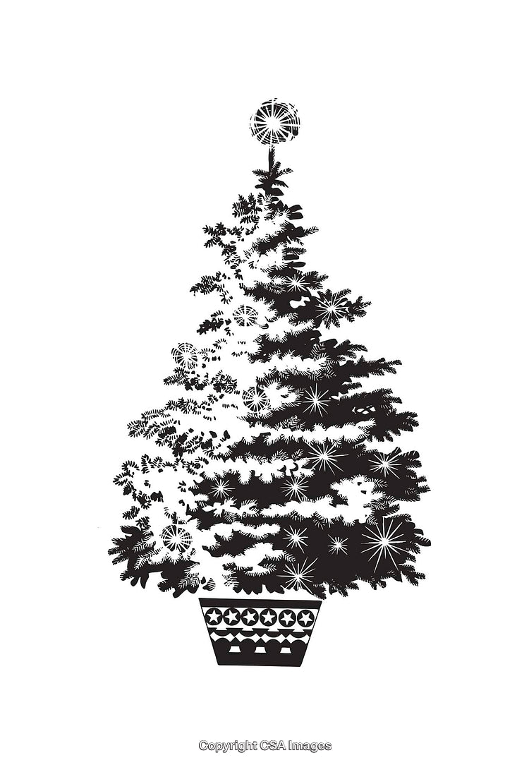 Black and White Festive Christmas Tree Silhouette Illustration in a Decorative Pot