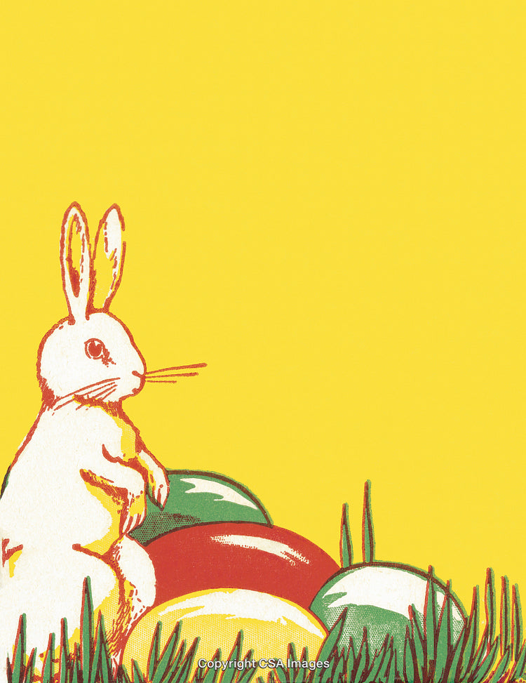 Illustrative Easter Bunny with Vibrant Painted Eggs on Yellow Background