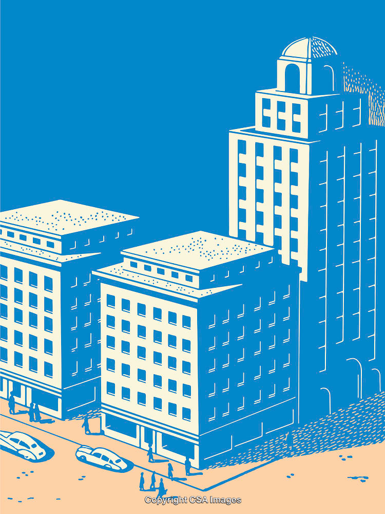 Illustrated Urban Street With Modern Buildings in Blue and Beige Colors