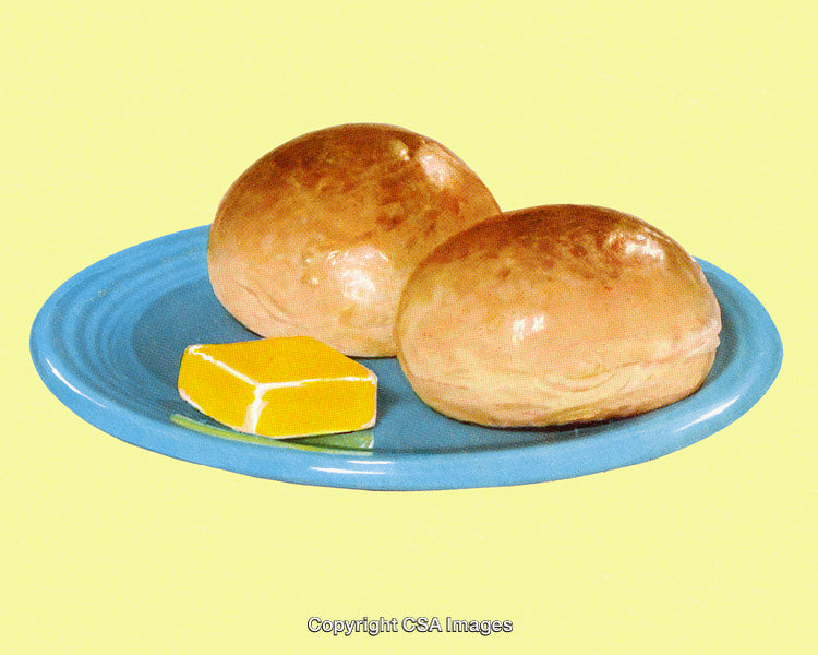 Two Fresh Dinner Rolls and Butter on a Vibrant Plate