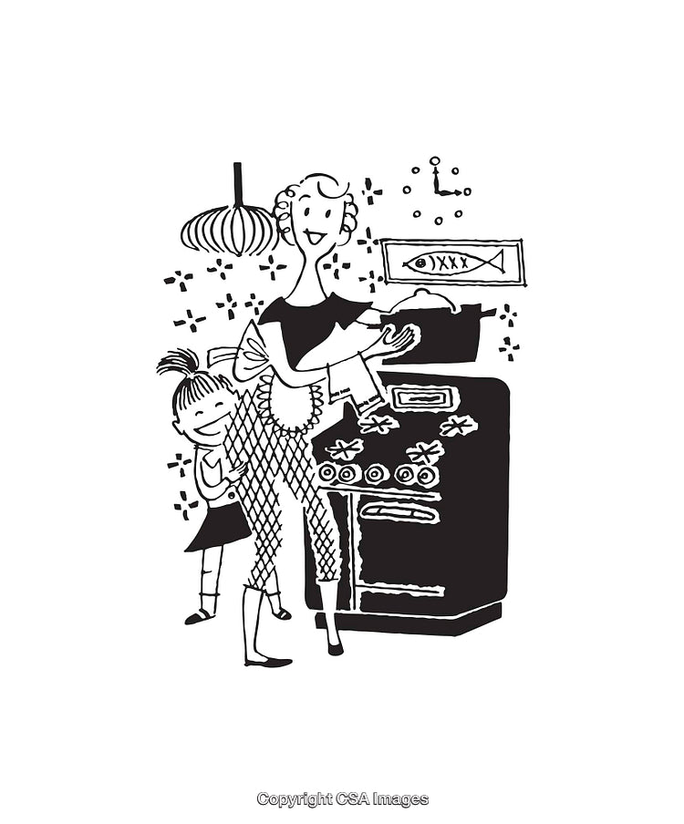 Retro Black and White Kitchen Scene With Mother and Child Illustration