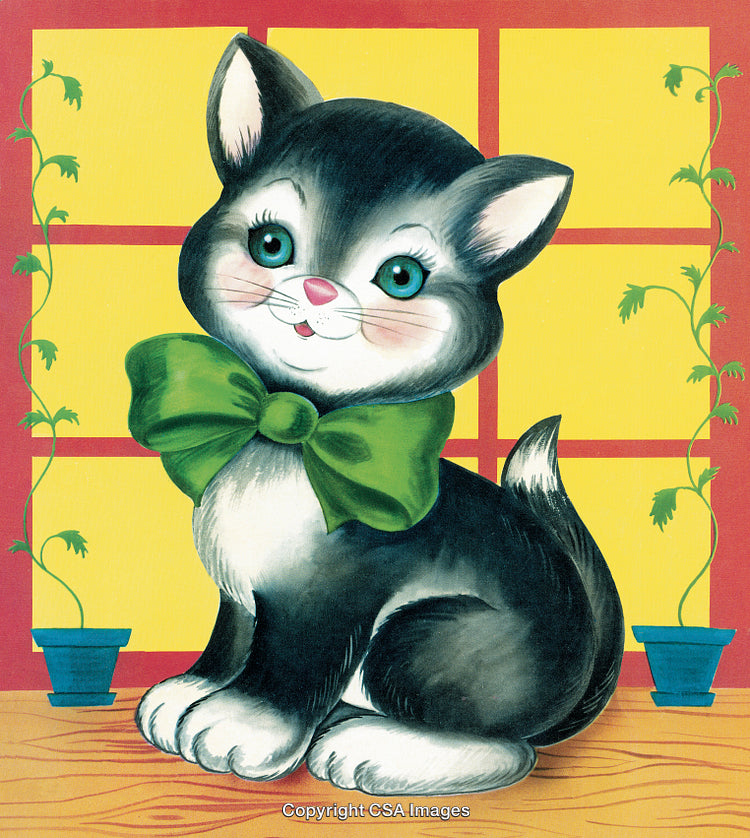 Charming Cartoon Cat With Bow In Whimsical Indoor Setting