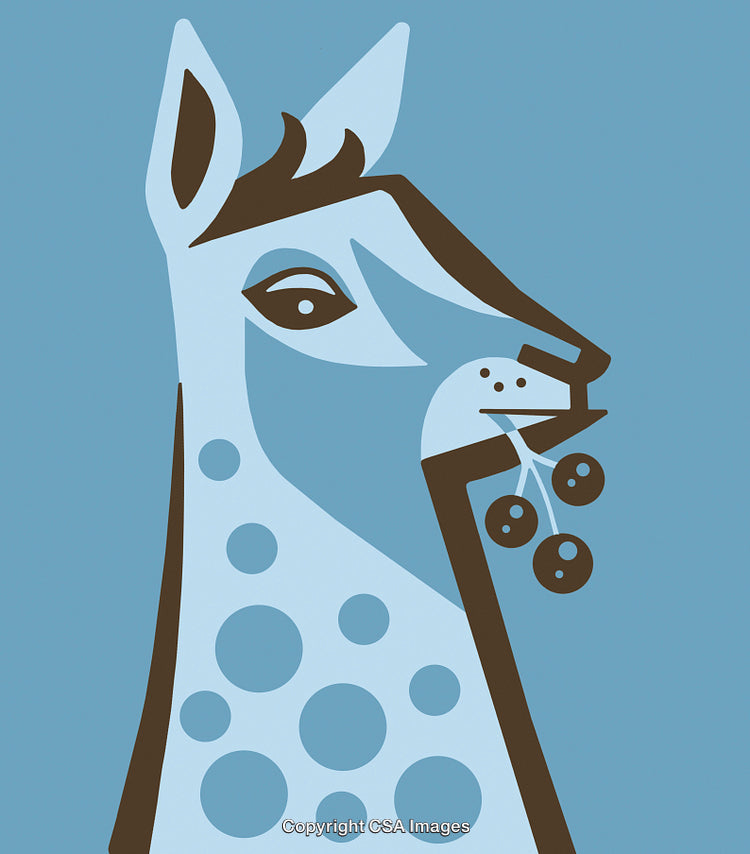 Blue Stylized Illustration of a Giraffe Holding Berries in Mouth