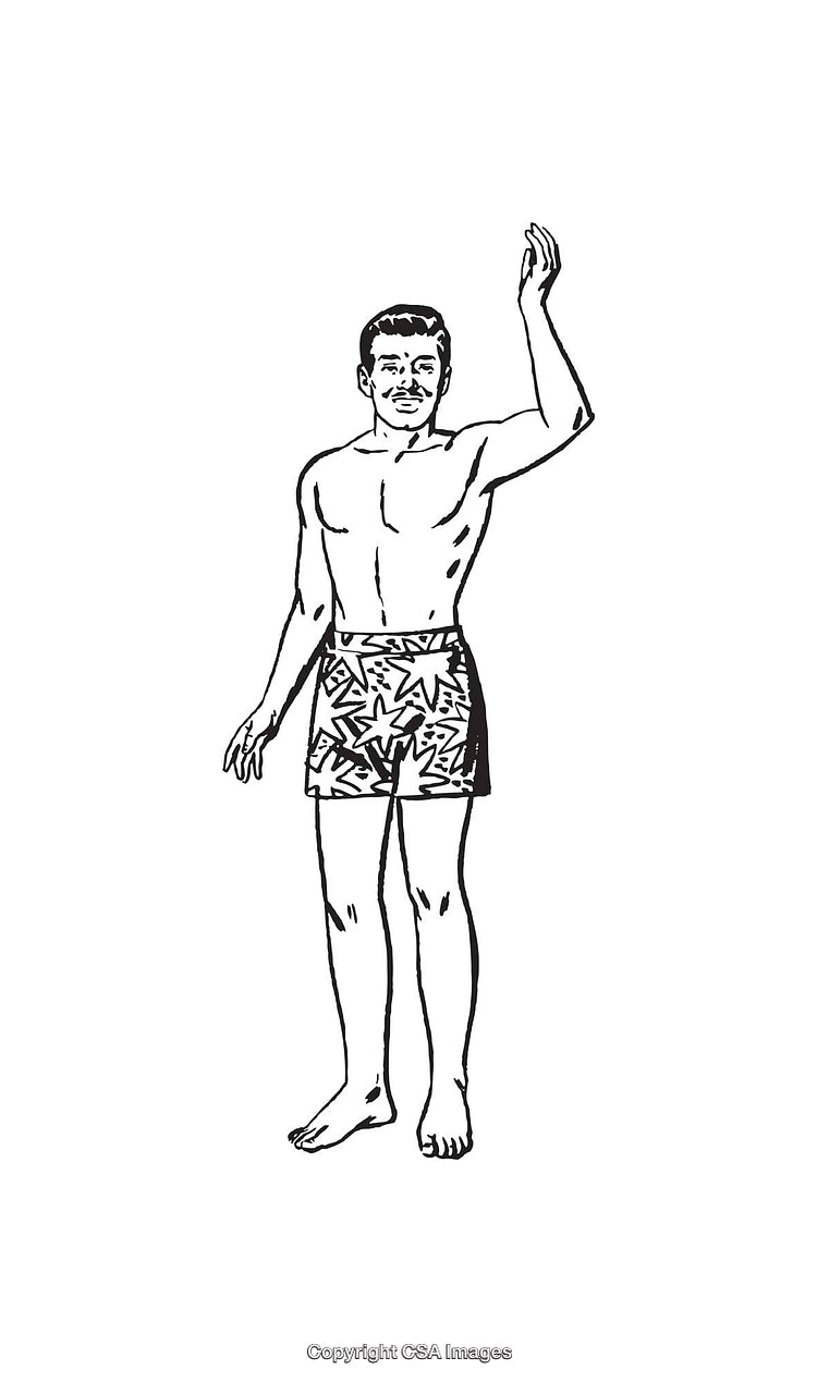 Black and White Line Art of a Man in Patterned Shorts Waving