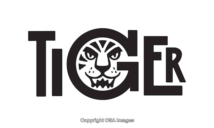 Black and White Tiger Graphic with Stylized Text
