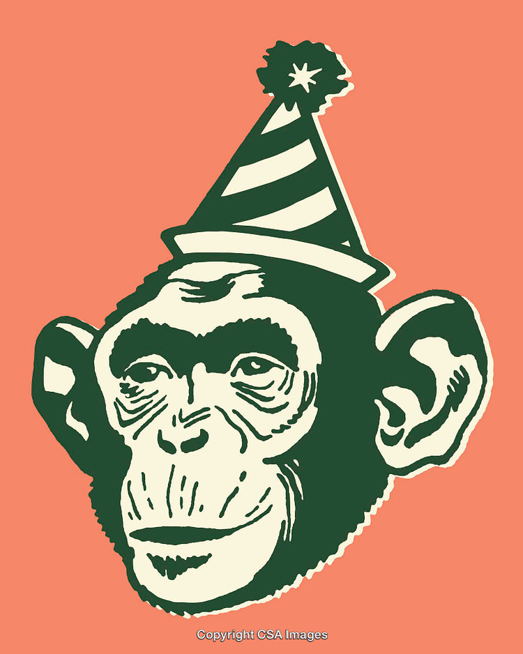 Chimpanzee in Party Hat Pop Art Style Illustration on Vibrant Background
