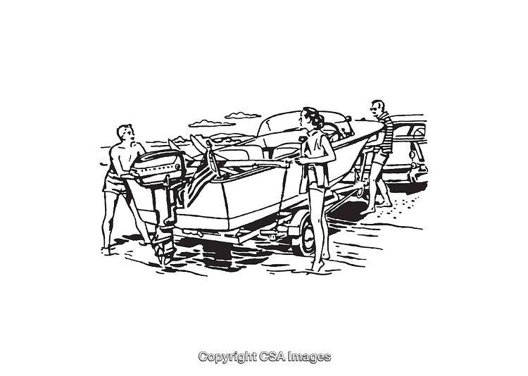 People Loading a Boat onto a Trailer by the Beach