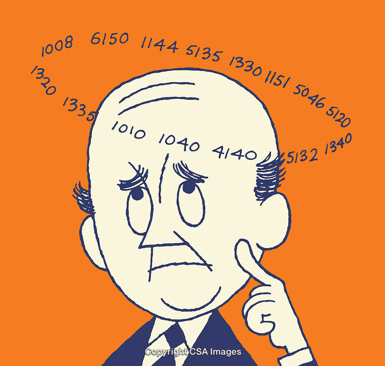 Whimsical Illustration of Thinking Person with Numbers on Orange Background