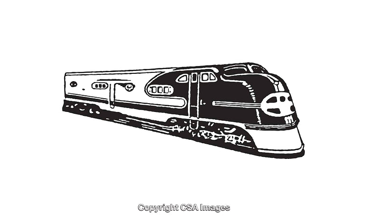 Vintage Black and White Illustration of a Streamlined Train Locomotive
