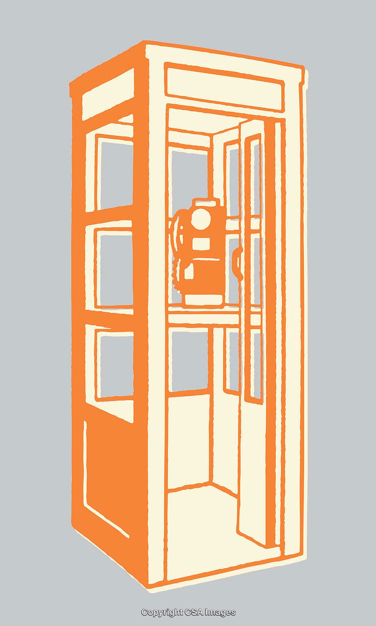 Vintage Style Orange Telephone Booth on Gray Background in Line Art