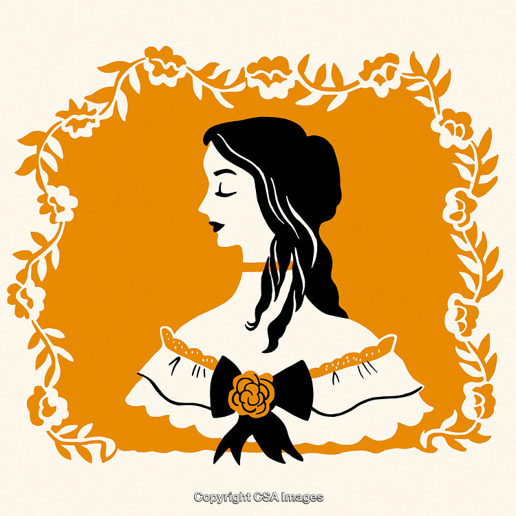 Elegant Vintage Silhouette Illustration of a Woman in Profile with Floral Frame