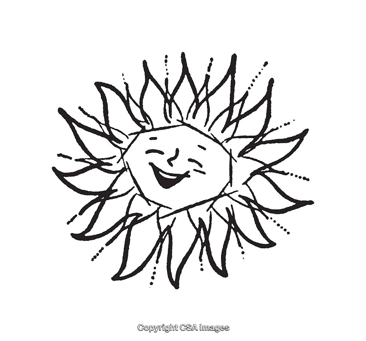 Cheerful Sun With Smiling Face Black and White Line Art Illustration
