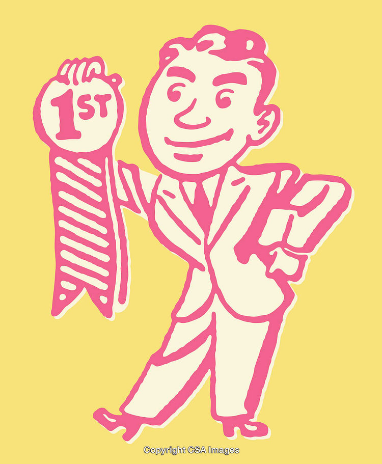 Retro Style Illustration of a Businessman Holding a First Place Ribbon