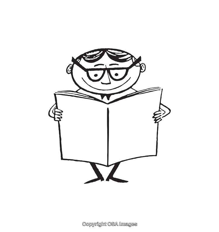 Black And White Cartoon Illustration of a Man Reading a Book